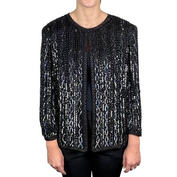 ADRIANNA PAPELL Y2K BLACK SILK BEAD SEQUIN EMBELLISHED HOLIDAY EVENING JACKET - Picture 1 of 16